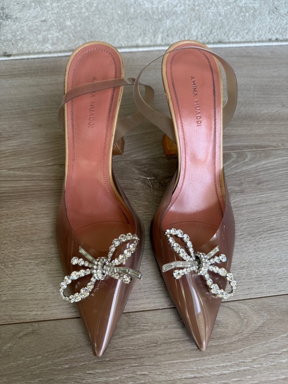 Amina Muaddi Brown Pointed Toe Slingbacks with Crystal Bow